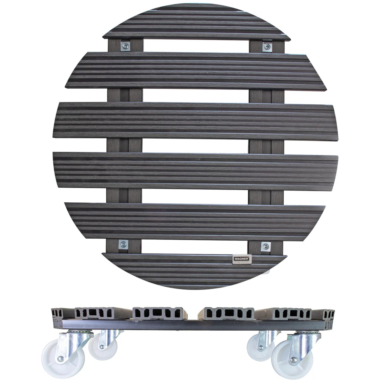 Wagner WPC Pflanzenroller GH 0565, Ø 50 cm, anthrazit, mit Rollen. Rolluntersetzer aus WPC.