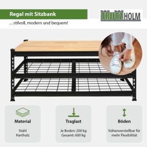 TRUTZHOLM Schuhregal mit 3 Ebenen und Sitzfläche aus Holz, ideal zur Aufbewahrung von Schuhen.