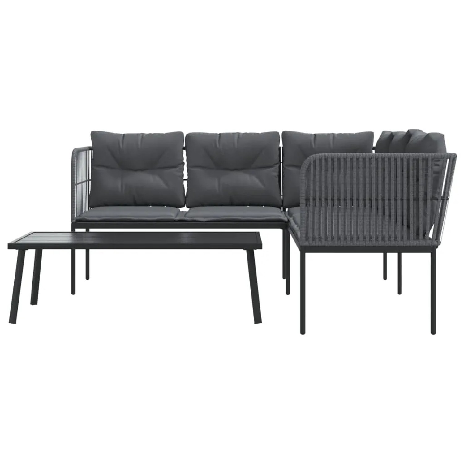 Schwarze vidaXL Garten-Sofagarnitur mit Tisch und Kissen aus Stahl und Textilene.
