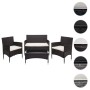 4-teilige Poly-Rattan Lounge-Garnitur in Braun mit creme-farbenen Kissen und Tisch mit Glasplatte.