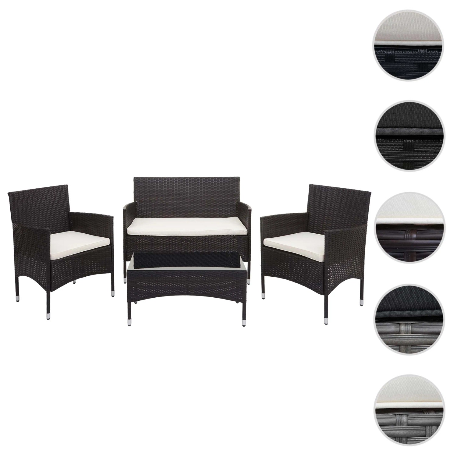 4-teilige Poly-Rattan Lounge-Garnitur in Braun mit creme-farbenen Kissen und Tisch mit Glasplatte.