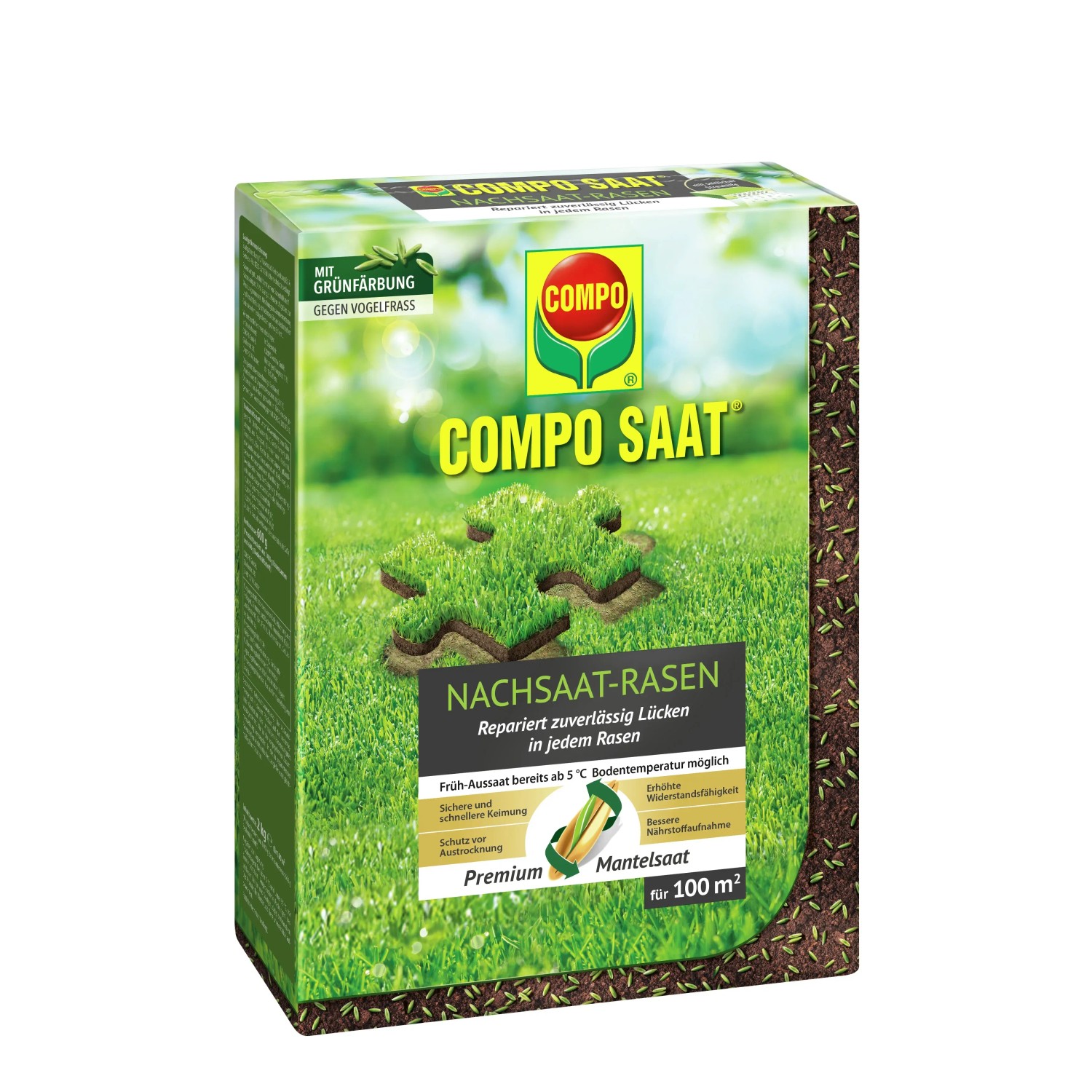 Packung Compo Rasen Nachsaat, 2 kg, zur Reparatur von Rasenflächen und Schließen von Lücken.