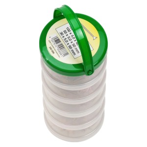 Sortiment Spanplattenschrauben Senkkopf, PZ-Antrieb, verschiedene Größen im transparenten Behälter mit grünem Deckel.