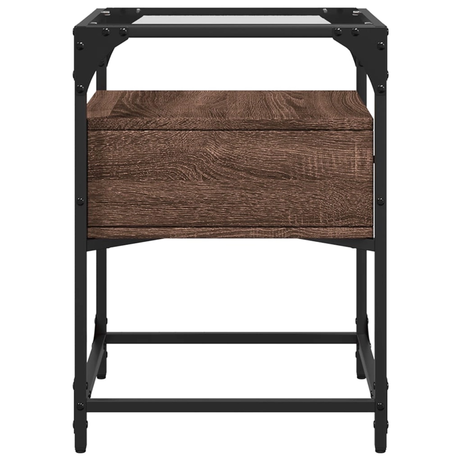 vidaXL Nachttisch in Braun Eichen-Optik mit Glasplatte und Metallgestell.
