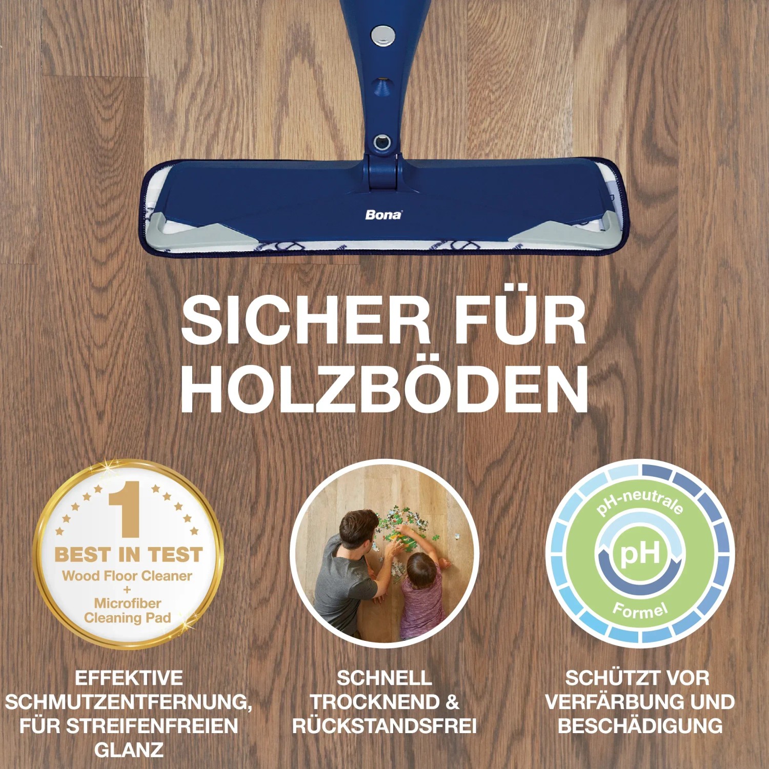 Bona Parkettreiniger: Wischmopp auf Holzboden, sichere und effektive Reinigung für Parkett.