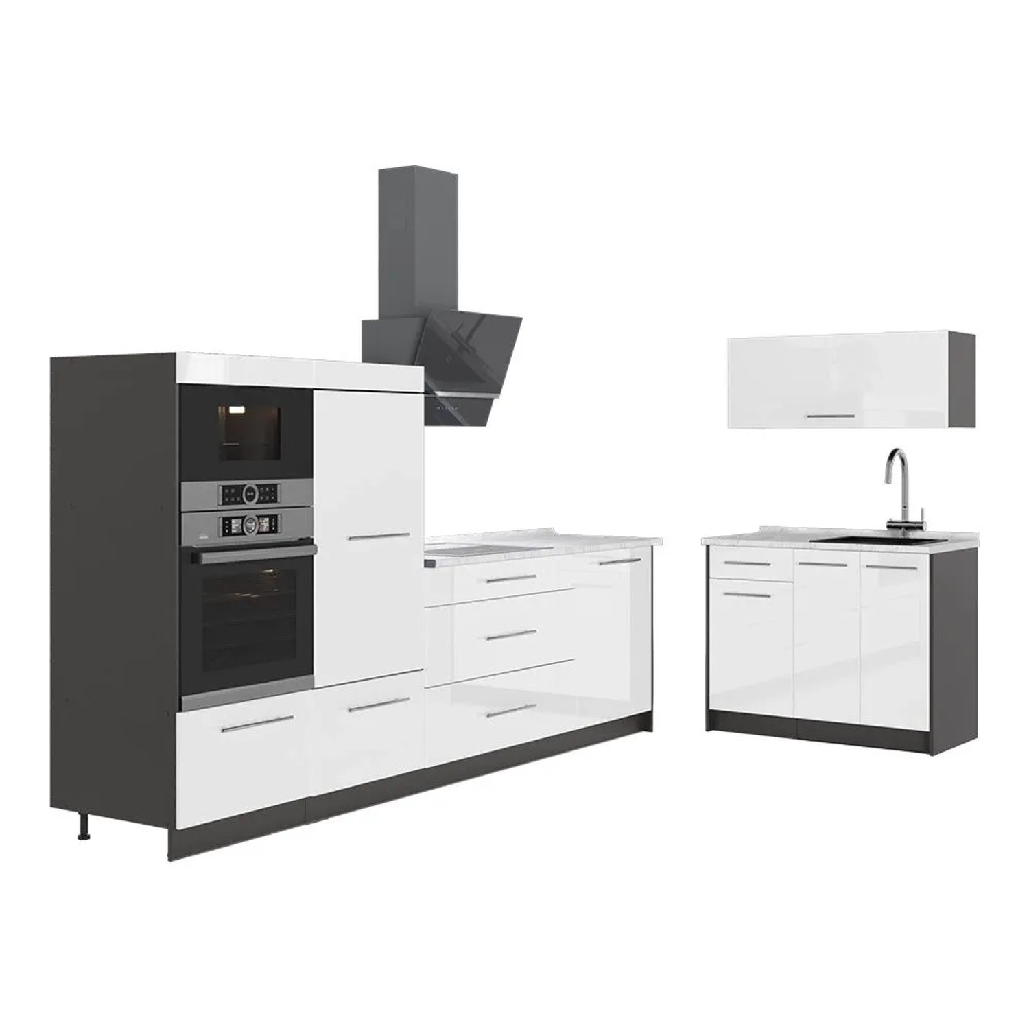 Vicco Küchenzeile Fame-Line Weiß Hochglanz/Anthrazit 380 x 154 AP Marmor Art Nr 64078