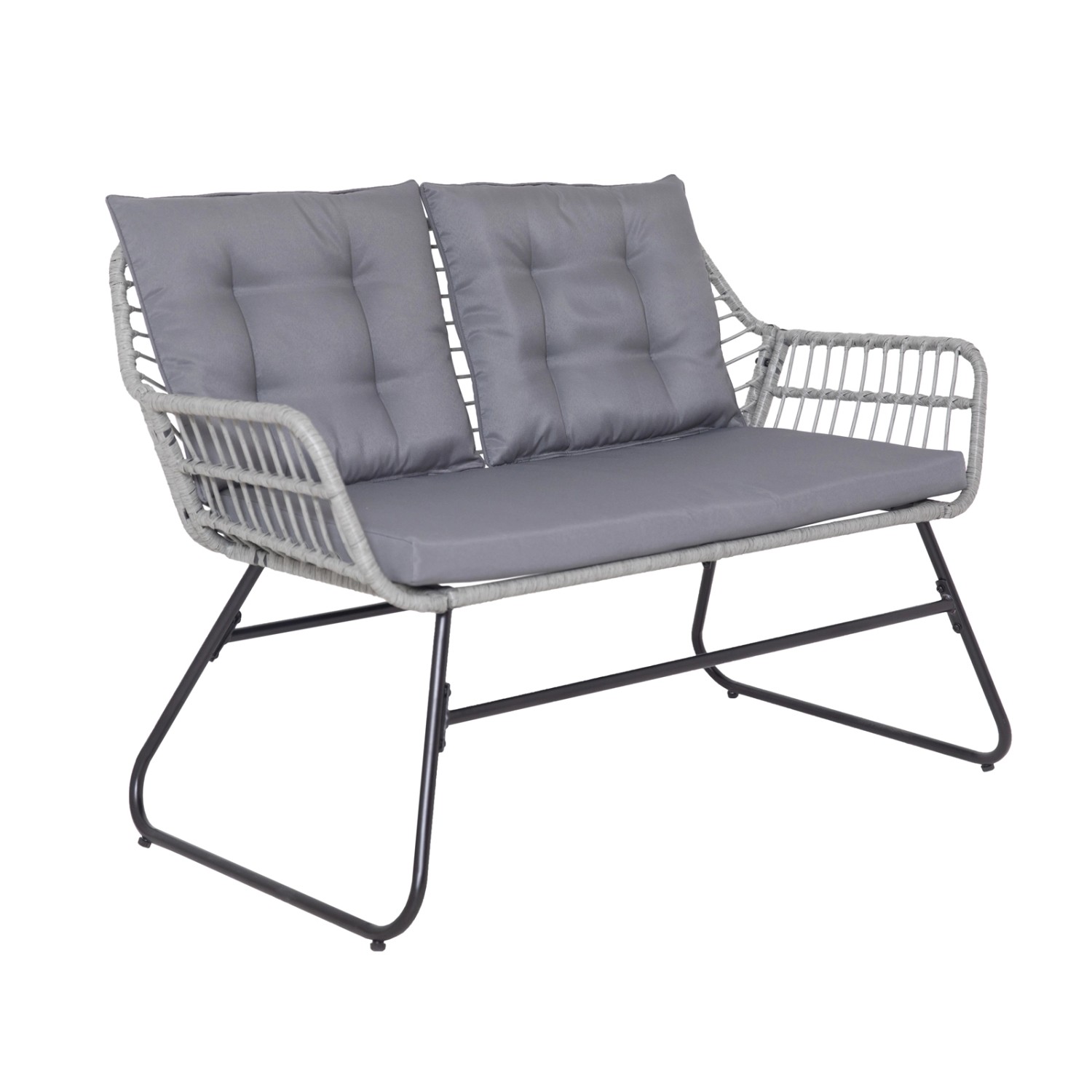 Hellgraue Svita Capri Gartenbank aus Polyrattan mit dunklen Polstern, Teil des 4-tlg. Balkonmöbel-Sets.