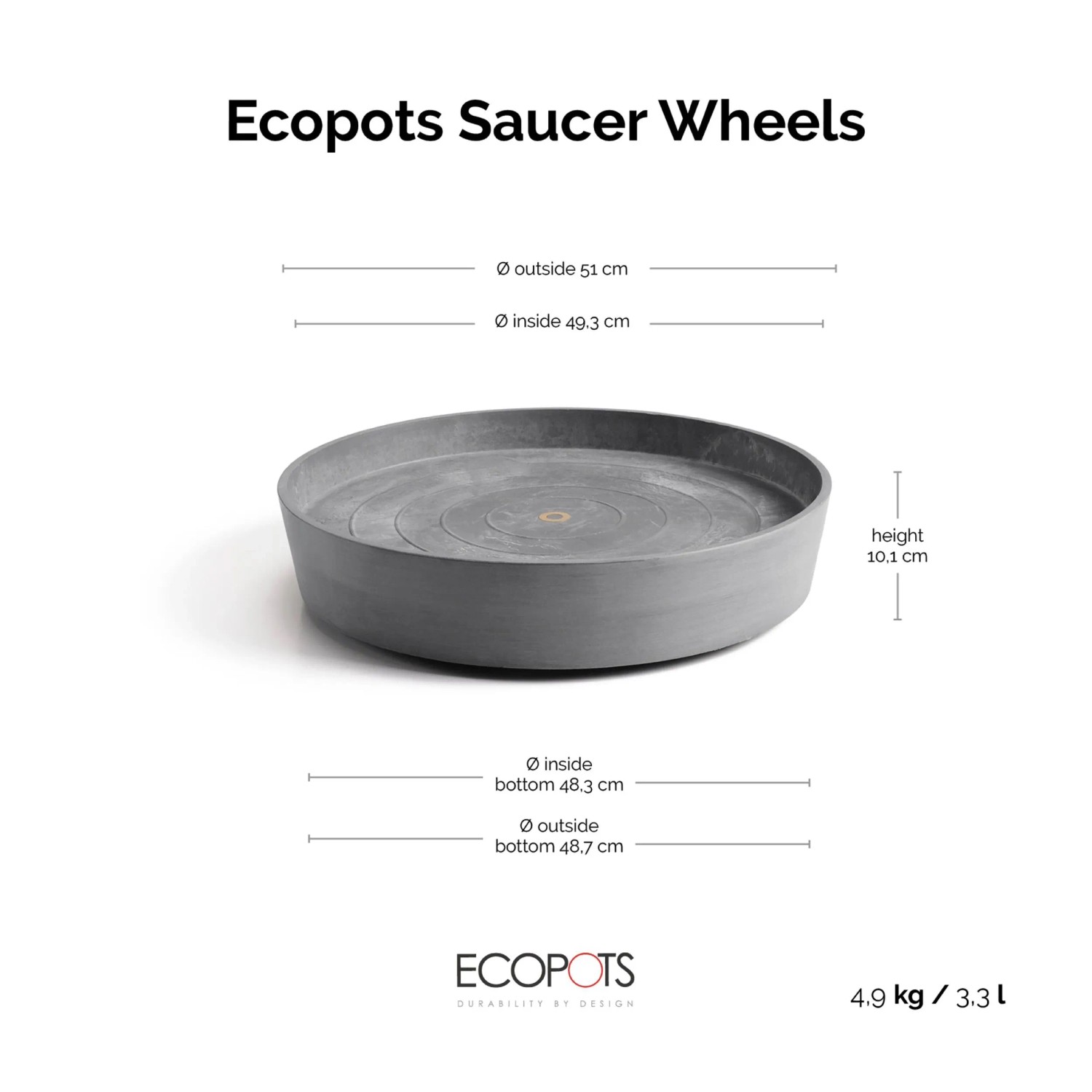 Grauer Ecopots Untersetzer Amsterdam Rollen 51 cm mit integrierten Rädern.
