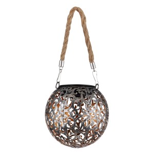 Globo Solarleuchte aus Metall in Silbergrau Antik mit Hanfseil zum Hängen, für den Außenbereich.