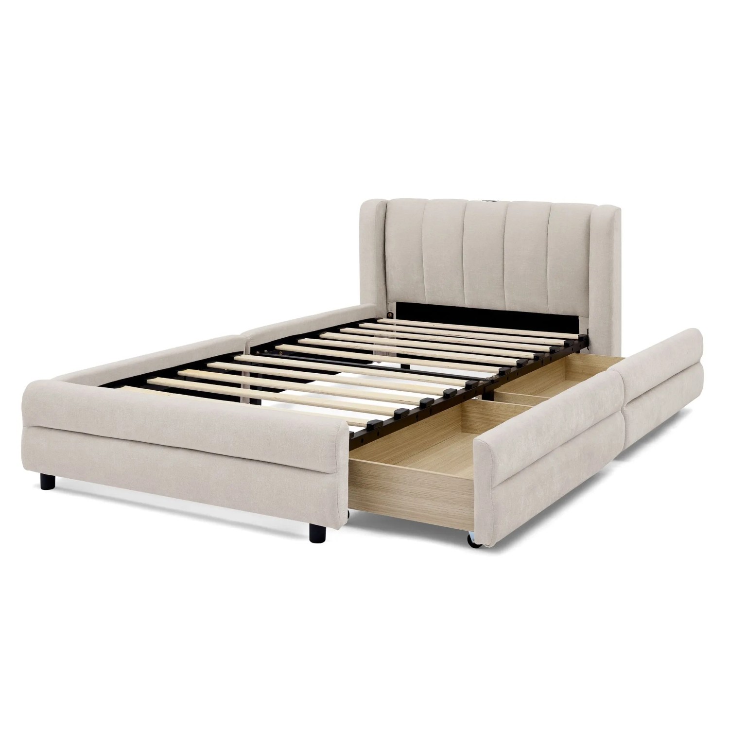okwish Einzelbett 90x200cm mit USB Fächern Chenille Kinderzimmer Beige ohne Matratze