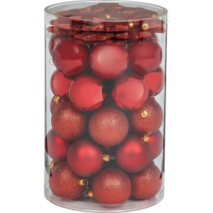 50-teiliges Weihnachtskugel-Set in Rot mit Kugeln und Sternen in verschiedenen Oberflächen.