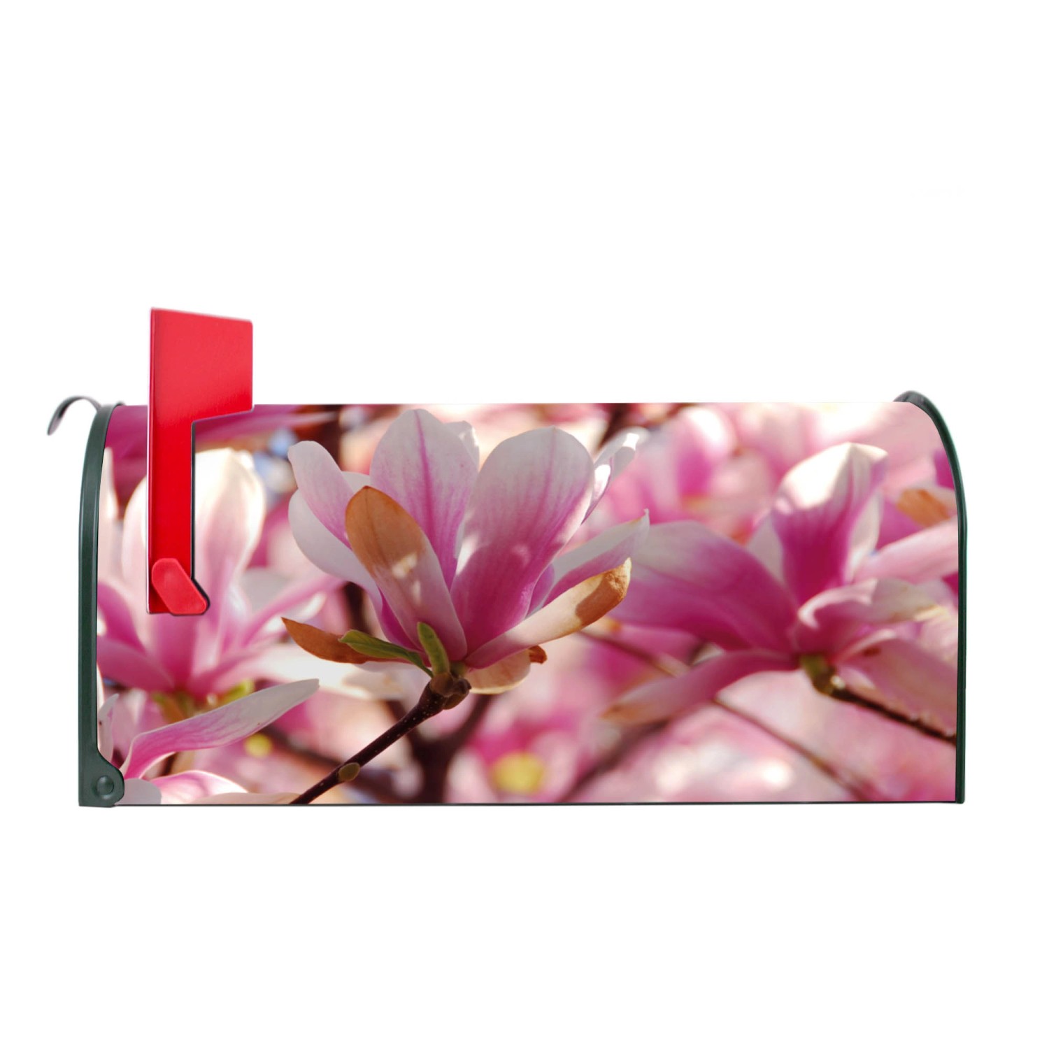 Grüner Banjado Briefkasten mit Magnolien Motiv und roter Fahne.