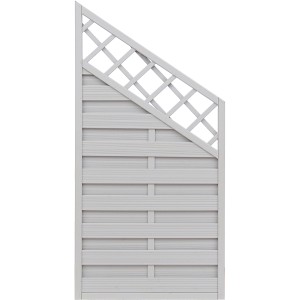 Grau lasiertes Sichtschutzzaun-Element Country, 180x120/90 cm, mit Lattenzaun-Abschluss.