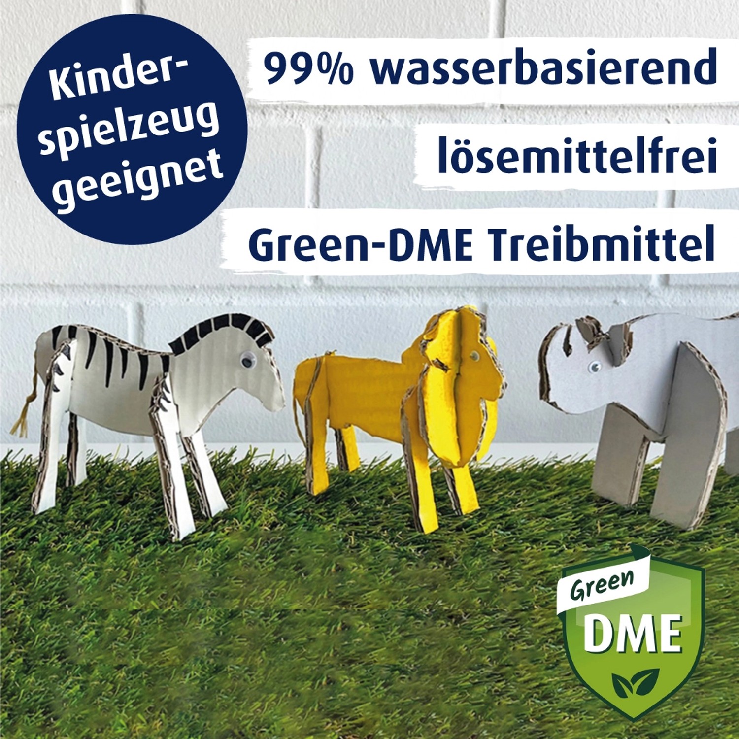 Belton Free AQUAcolours Buntlack Rapsgelb: Karton-Tiere (Zebra, Löwe, Nashorn) auf Rasen, geeignet für Kinderspielzeug.