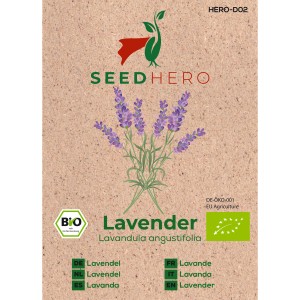 Seedhero BIO Lavendel Samenpackung mit Lavendelblüten Illustration.