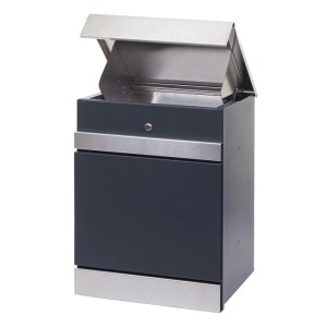 Anthrazitfarbener MCW Paketkasten K41 aus verzinktem Stahl mit Edelstahl-Akzenten. Offener Einwurf für Pakete, mit Schloss.
