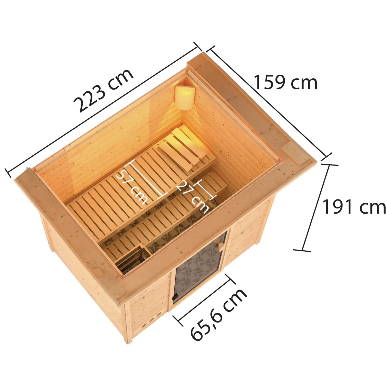 Woodfeeling Sauna Selena mit Ofen, LED-Dachkranz und Maßen. Massivholzsauna für entspannende Momente.