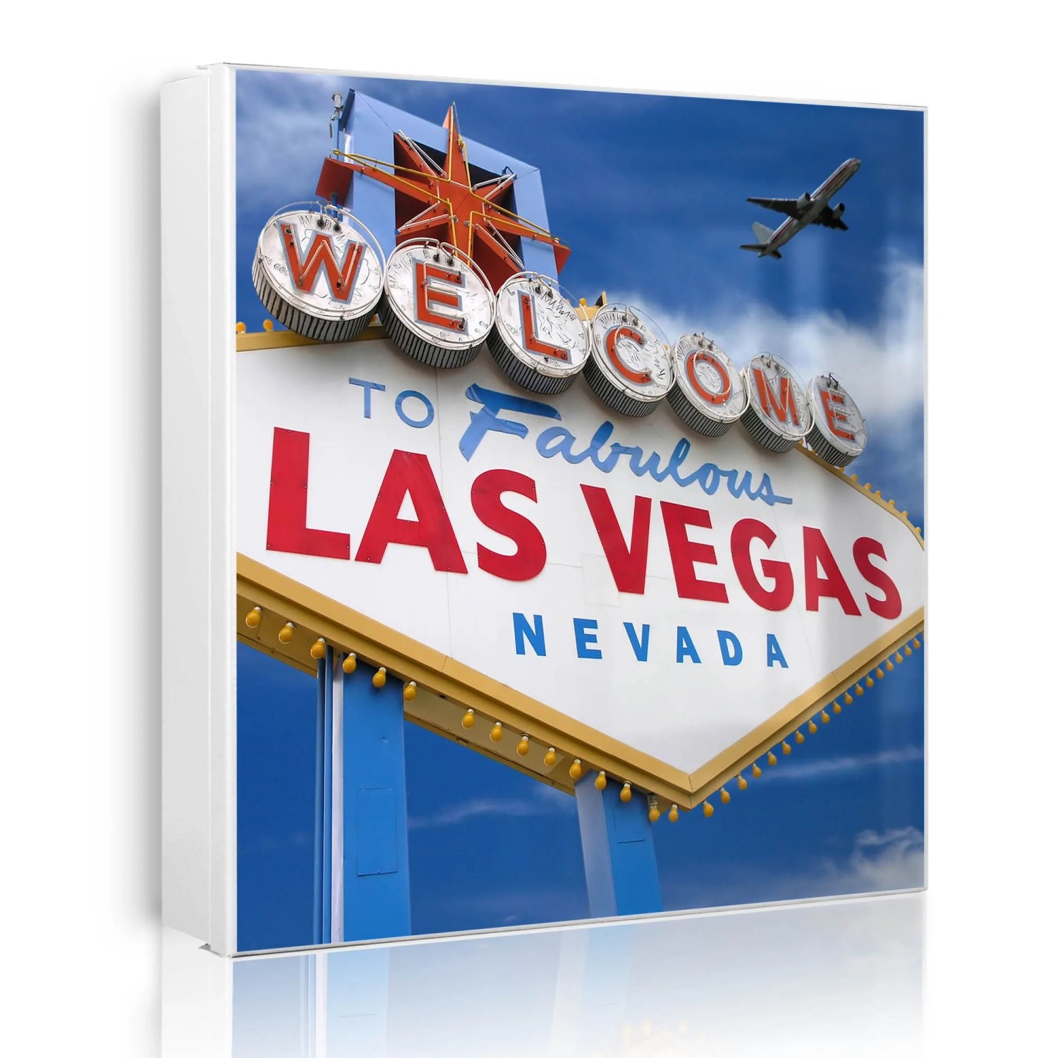 Banjado Großer Schlüsselkasten Metall 30x30cm Weiß Scharnier Rechts 50 Haken Beschreibbar Magnetisch Motiv Las Vegas