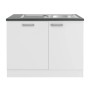 OPTIFIT Oslo214 Spülenschrank-Set in Weiß mit Edelstahlspüle und anthrazitfarbener Arbeitsplatte.