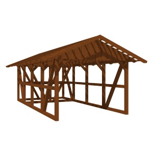 Skan Holz Carport Schwarzwald in Nussbraun mit Dachlattung und Abstellraum, Fachwerkbauweise.