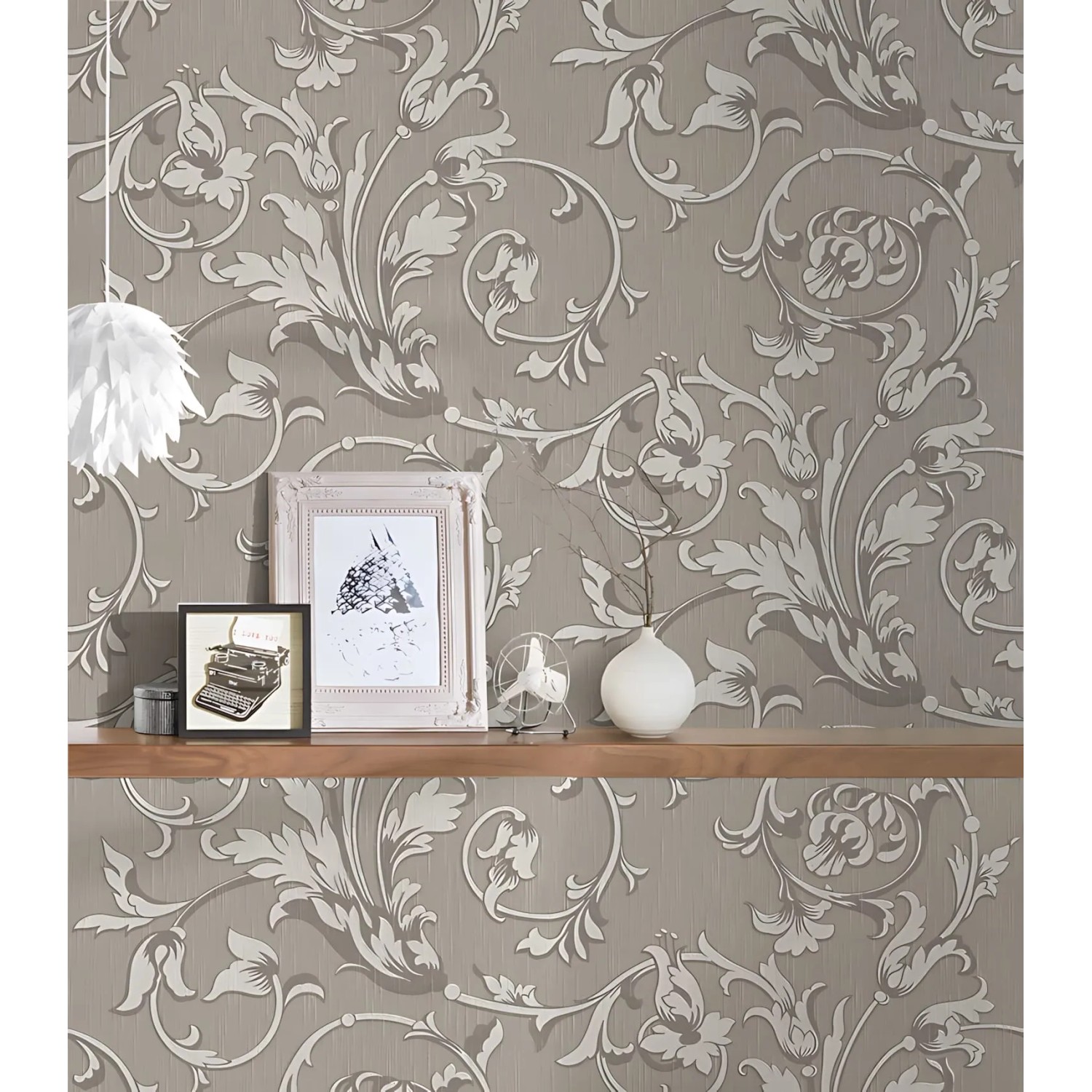 PROFHOME Textiltapete mit Blumenmuster in Grau und Beige, matte Optik.