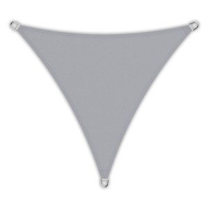 Hellgraues, dreieckiges Toldoro Sonnensegel 5x5x5m mit UV-Schutz und Edelstahlösen.