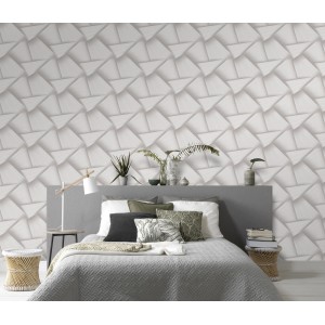 Erismann Vliestapete Spotlight Pose Taupe mit 3D-Flecht-Design im Schlafzimmer.