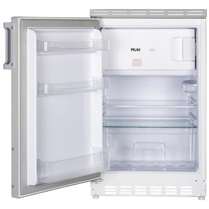 Offener, weißer PKM Unterbau-Kühlschrank KS82.3EUB mit Glasboden und Türfächern.