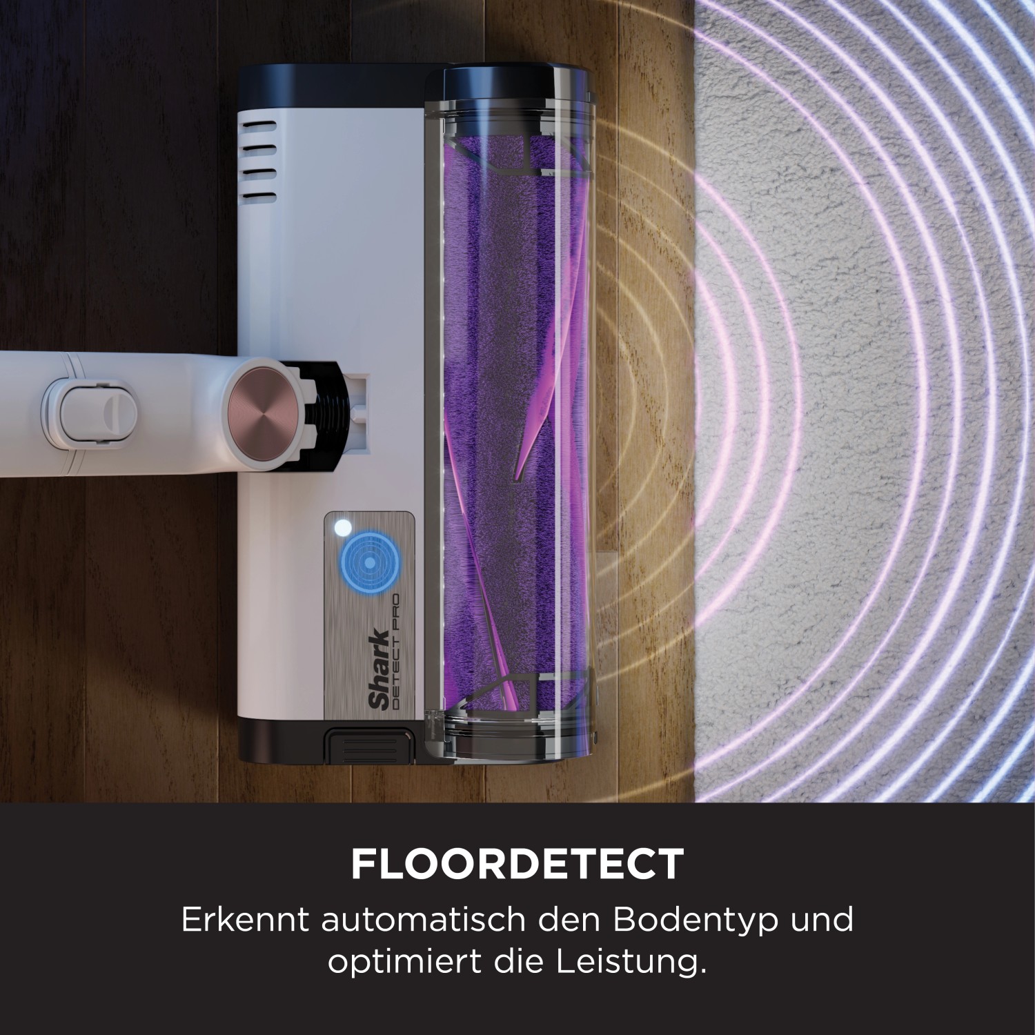 Shark Akku-Stielsauger Detect Pro IW1611EU: Bodendüse mit Schmutzerkennung auf Teppich und Hartboden.