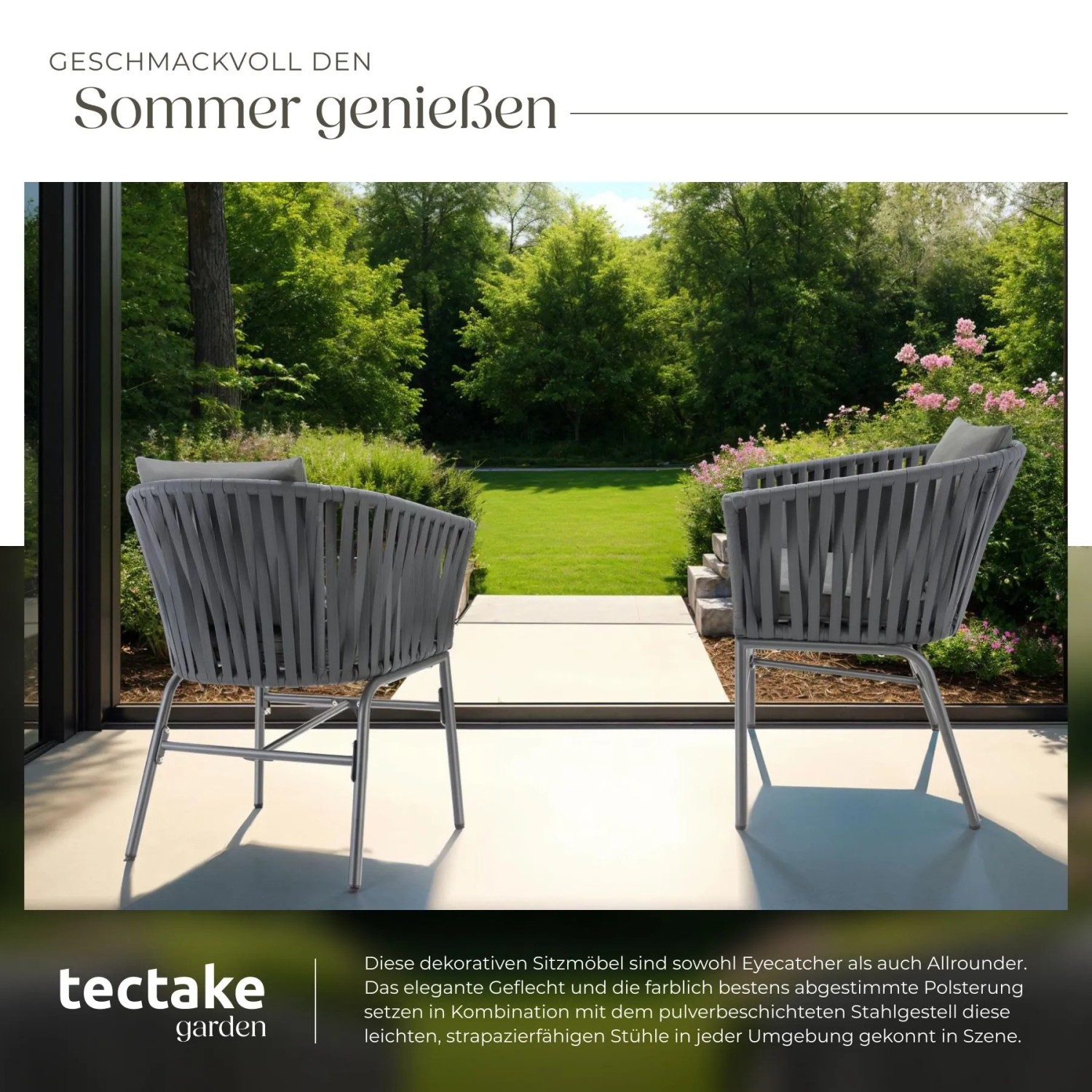 Dunkelgraues Tectake Stuhlset Valeiras: 2 Gartenstühle mit Rope-Design, dicken Polstern, pulverbeschichtetem Stahl.