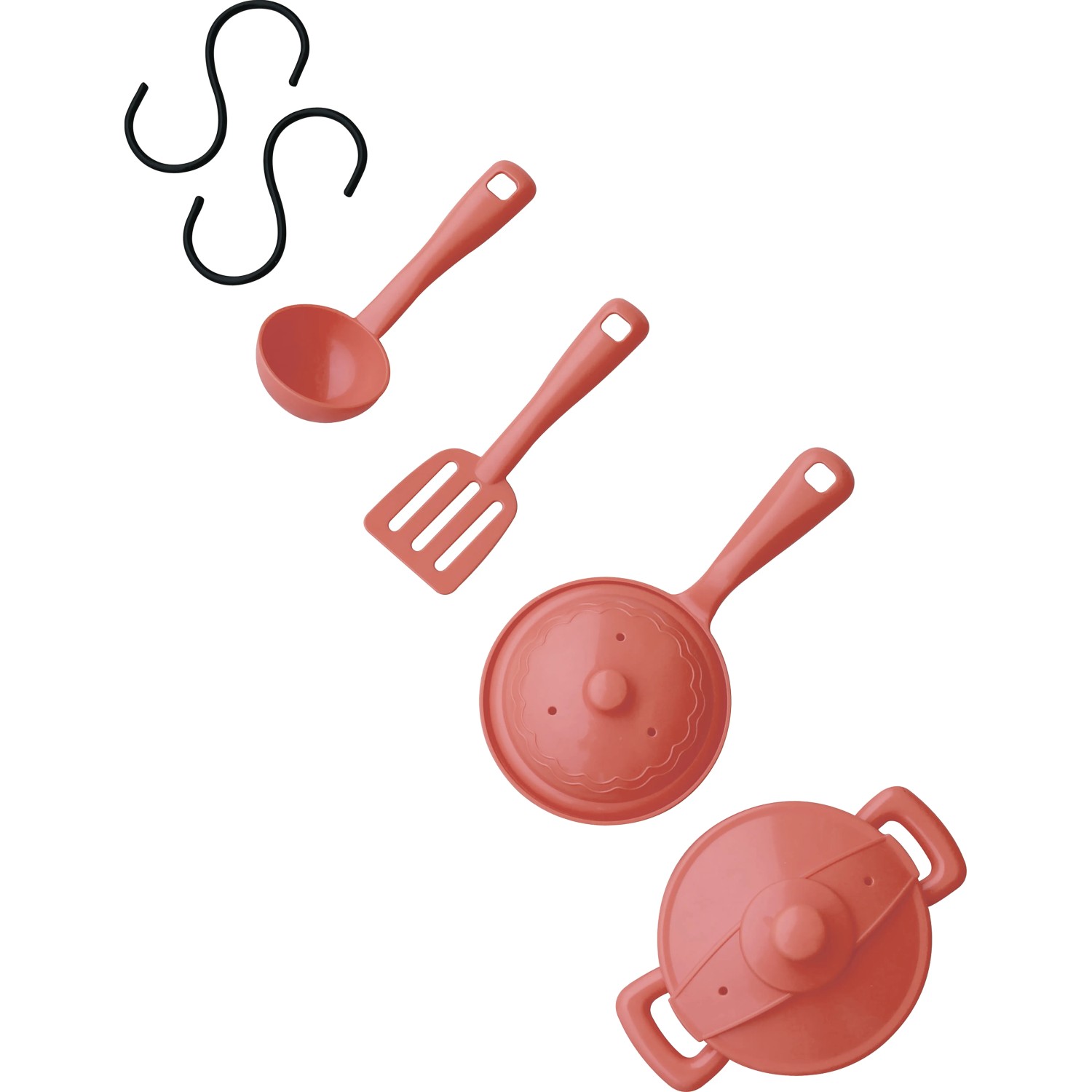 Zubehör für Matschküche: Topf, Pfanne, Pfannenwender, Schöpflöffel und Haken.