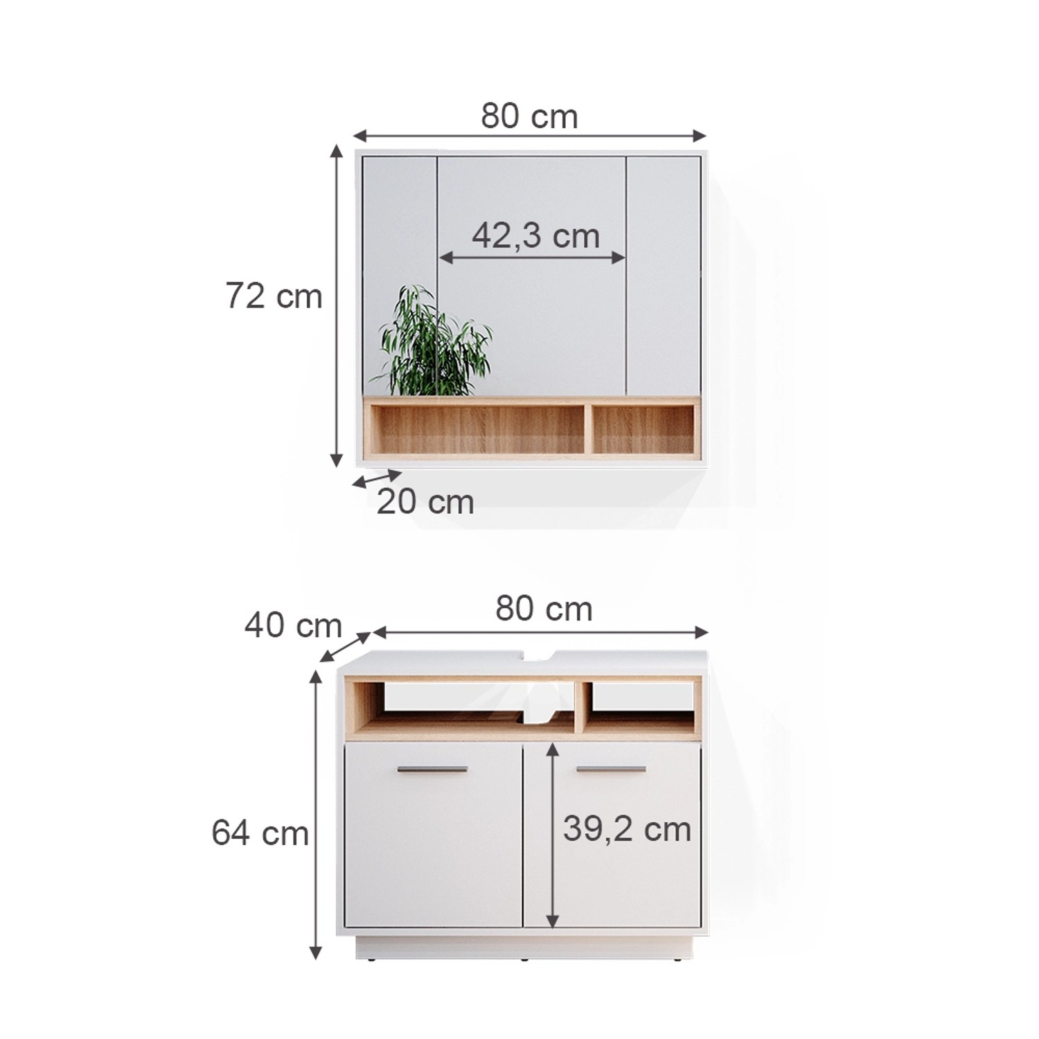 Vicco Badmöbel-Set Beatrice, 2-teilig, weiß/Sonoma mit Maßen für Spiegelschrank und Unterschrank.