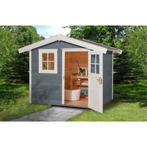 Graues Holz-Gartenhaus mit Satteldach, offener Tür und Fenster. Ideal als Gerätehaus oder Hobbyraum.