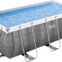 Bestway Frame Pool-Set Power Steel in Rattan-Optik, eckig, mit Stahlrahmen und blauem Wasser.