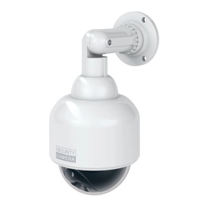 Weiße Kamera Attrappe mit Blinklicht zur Abschreckung im Innen- und Außenbereich.