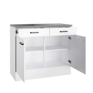 Weißer OPTIFIT Unterschrank Bonn214 (100cm) mit Arbeitsplatte, zwei Schubladen und zwei offenen Türen.