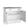 Weißer OPTIFIT Unterschrank Bonn214 (100cm) mit Arbeitsplatte, zwei Schubladen und zwei offenen Türen.