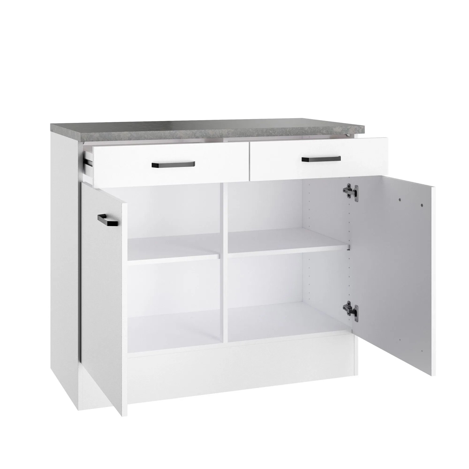 Weißer OPTIFIT Unterschrank Bonn214 (100cm) mit Arbeitsplatte, zwei Schubladen und zwei offenen Türen.