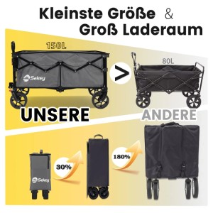 Sekey XXL Bollerwagen, faltbar, grau, 150L: Vergleich mit kleinerem Packmaß und größerem Ladevolumen.