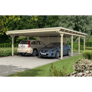 Skan Holz Doppelcarport Emsland mit Abstellraum und zwei geparkten Autos.
