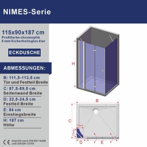 Aquabatos Eckdusche 115x90x187 cm, 5mm Sicherheitsglas, Chromprofile. Falttür-Duschkabine mit Maßen und Aufbau.