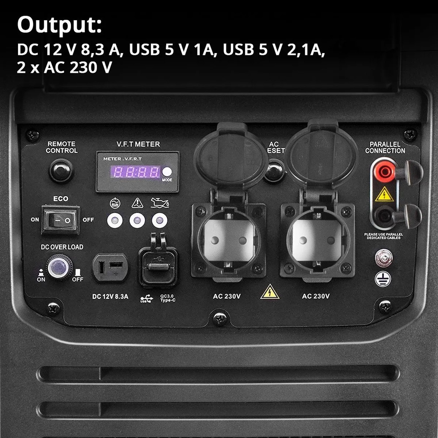 STAHLWERK Inverter Stromgenerator Bedienfeld: 2x 230V, 12V, USB-Anschlüsse, V.F.T. Anzeige. Sichere Stromversorgung.