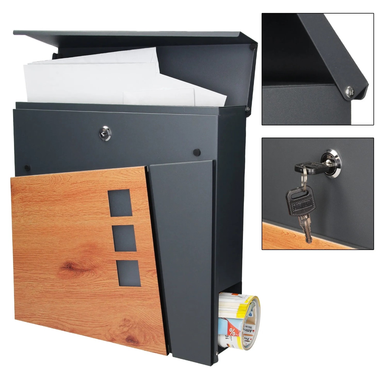 ML-Design Standbriefkasten mit Zeitungsfach, Anthrazit und Holzoptik. Inkl. Pfosten.