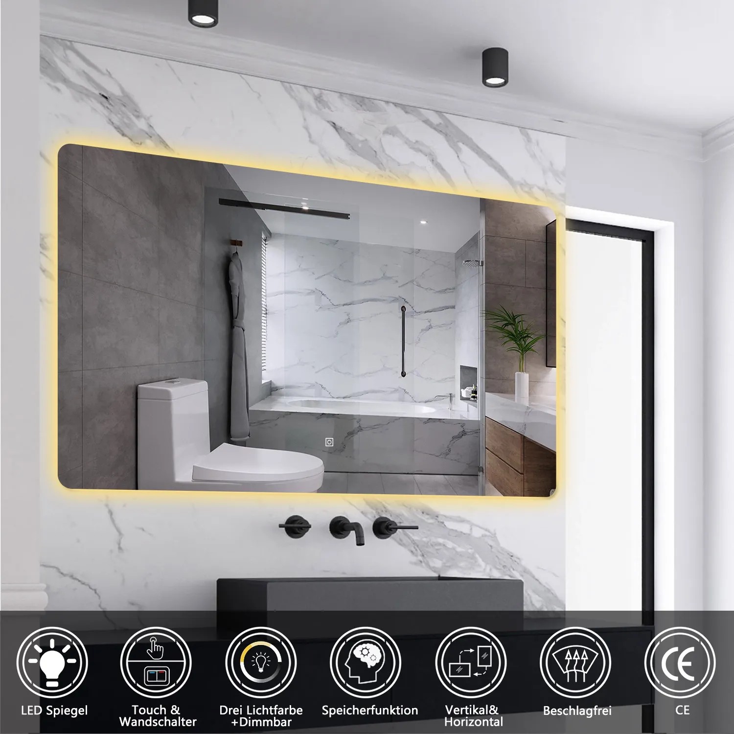 Aica Sanitär Badspiegel 120x80 cm mit LED-Beleuchtung im modernen Badezimmer.