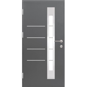 Anthrazitfarbene Splendoor Sicherheits-Haustür Berlin Prime RC2 mit Glaseinsatz und Edelstahl-Applikationen.