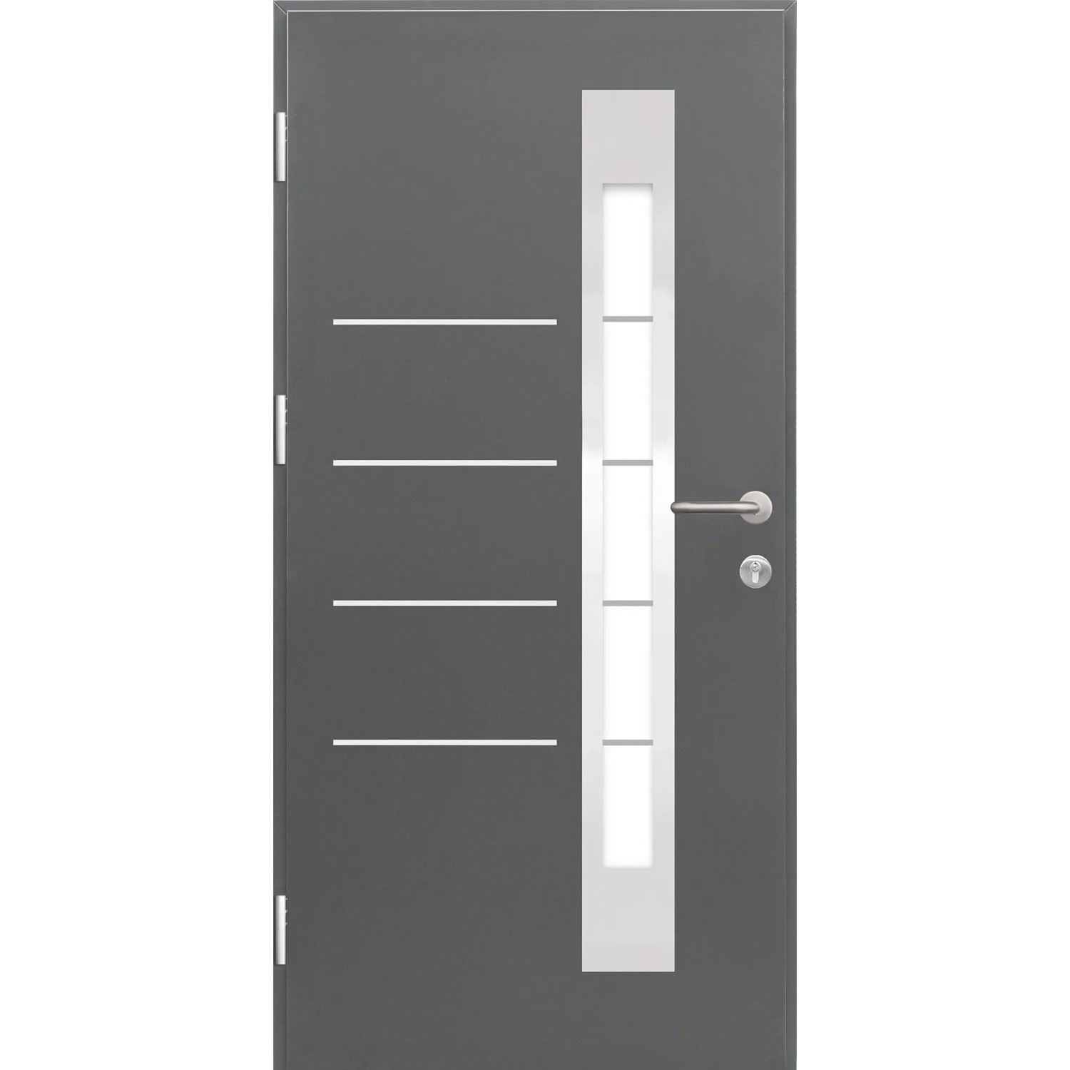 Anthrazitfarbene Splendoor Sicherheits-Haustür Berlin Prime RC2 mit Glaseinsatz und Edelstahl-Applikationen.
