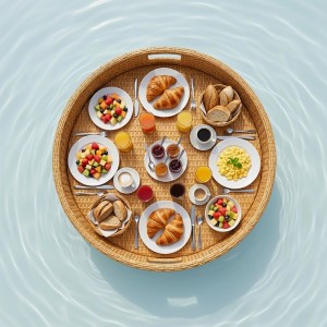 Rundes Rattan-Schwimmtablett mit Frühstück im Pool. Aluminium-Serviertablett für Getränke, Obst und Snacks.