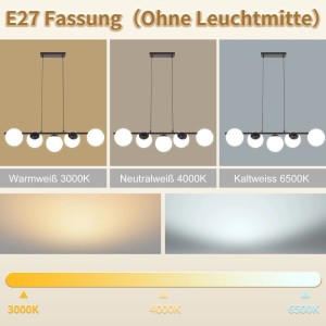 NETTLIFE Pendelleuchte Schwarz, 5 weiße Glaskugeln, E27 Fassung. Zeigt Lichtfarben: Warmweiß, Neutralweiß, Kaltweiß.