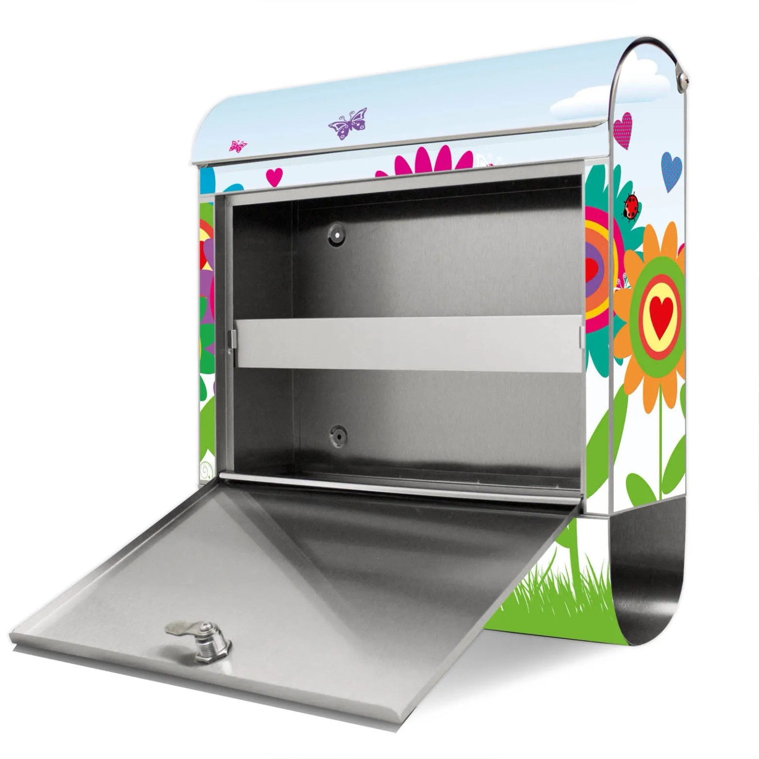 Banjado Edelstahl Briefkasten mit buntem Blumenmotiv und Zeitungsfach, geöffnet.