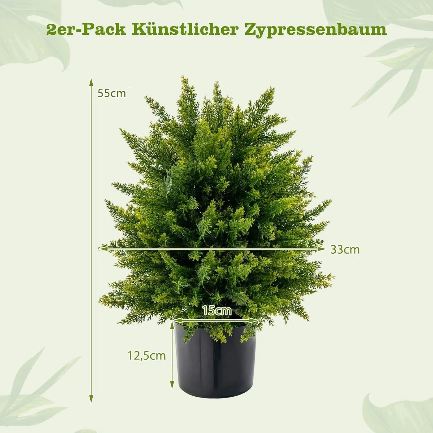 Grüne künstliche Zypresse im schwarzen Topf, 55cm hoch. 2er Set Kunstpflanzen für Haus & Büro.